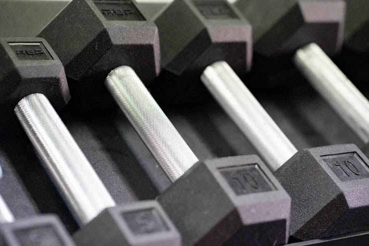 10-pound REP Fitness dumbbells next to each other. 
