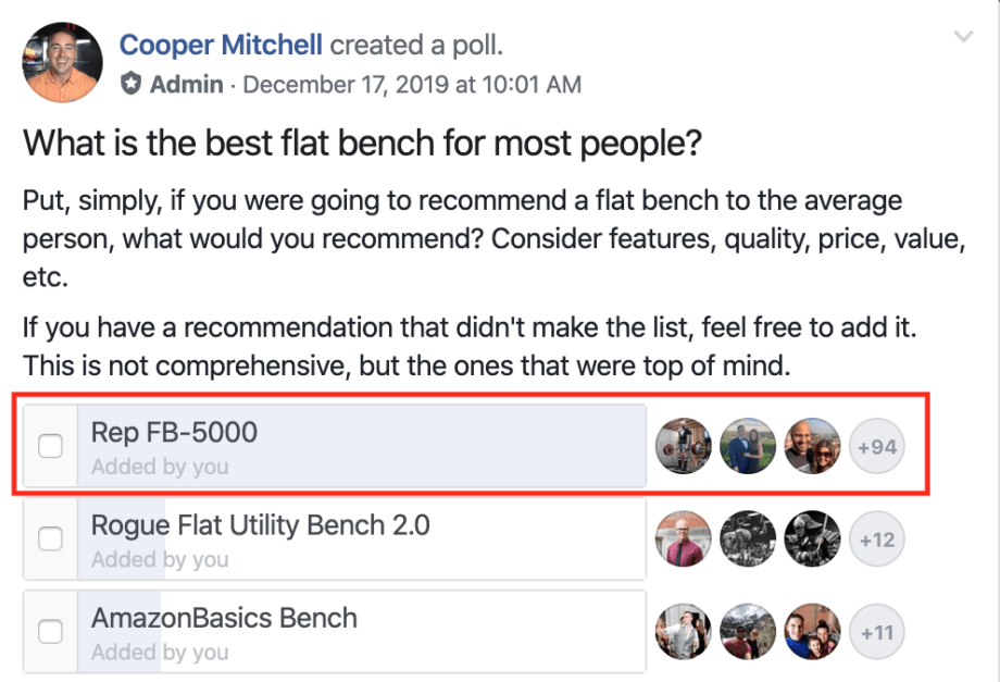 A screenshot of a Facebook poll showing responses to the question "what is the best flat bench for most people?"