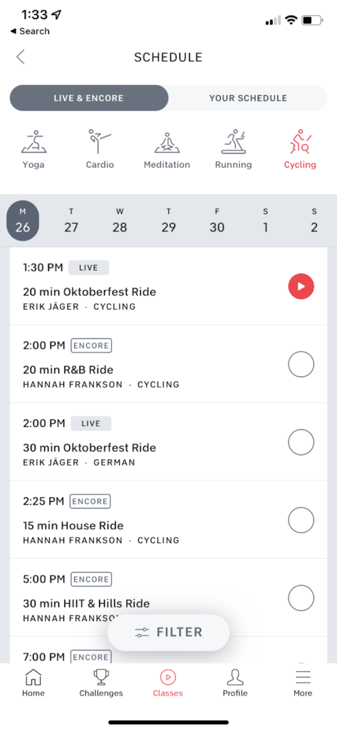 Live peloton app class options
