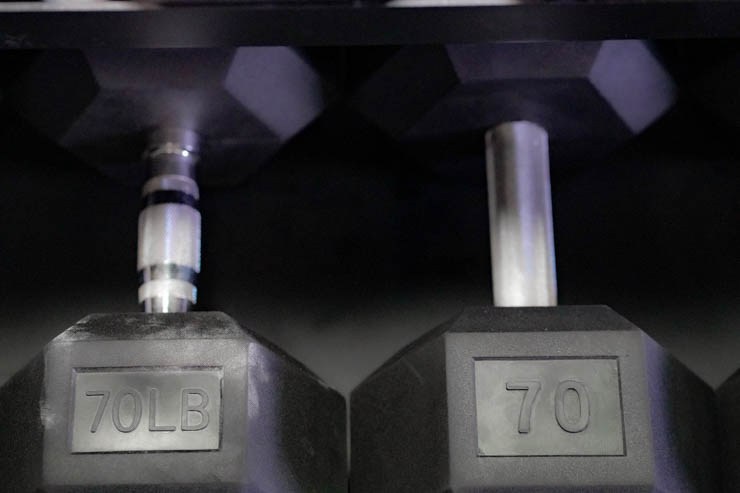 70-pound REP Fitness Rubber Hex Dumbbells. 