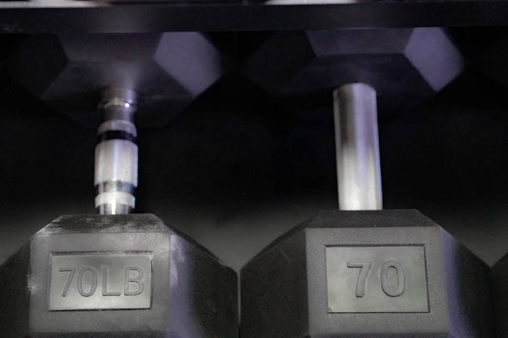 70-pound REP Fitness Rubber Hex Dumbbells.