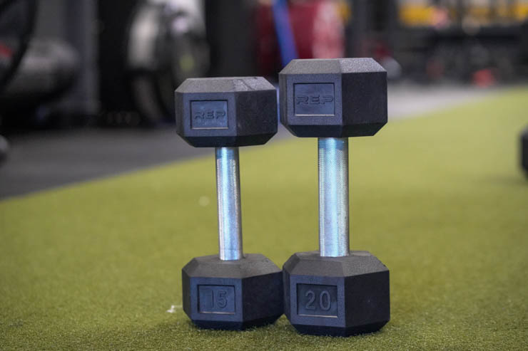 15- and 20- pound dumbbells next to each other. 