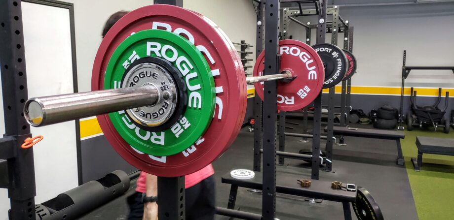 rogue Calibrated Steel Powerlifting Plates in a garage gym