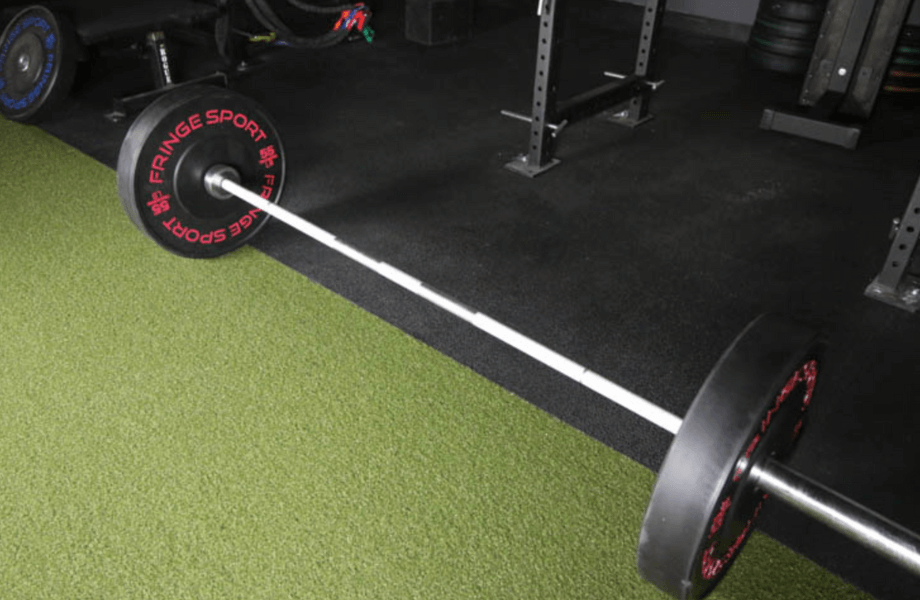 An overhead view of a barbell loaded with Fringe Sport Black Bumper Plates