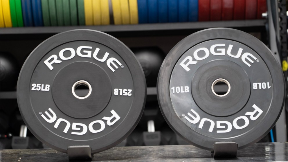 A 10-lb and 25-lb Rogue Echo Bumper Plate are displayed on a table