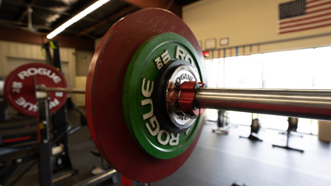 Rogue Calibrated Steel Weight Plates set on a barbell and squat rack