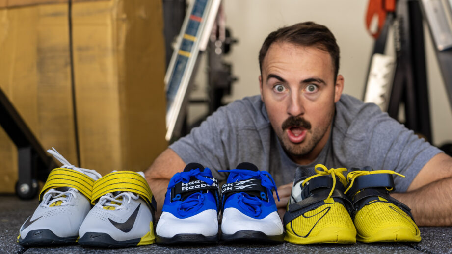 Coop looking at three pairs of the best weightlifting shoes