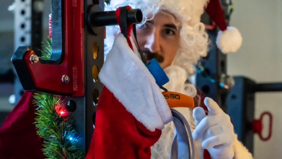 Coop in a santa costume.