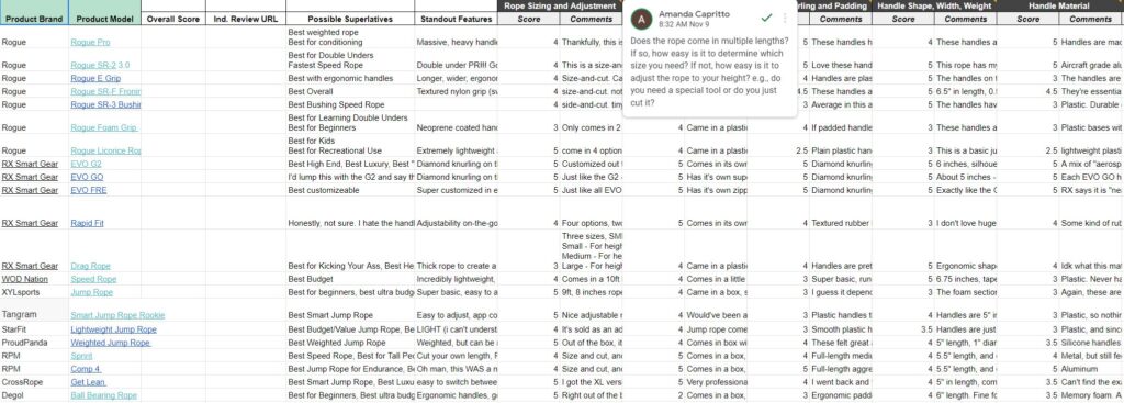 Screenshot of jump rope testing methodology sheet for the best jump rope guide, including brand, model, scores, standout features, and comments.