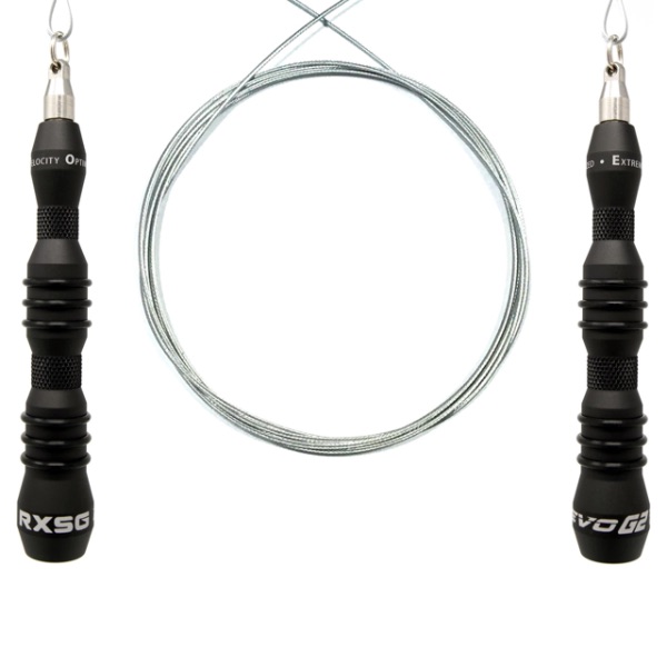 Close-up of the RX Smart Gear EVO G2 jump rope's black "aerospace-grade" textured grip aluminum handles and mint green cable with dual bearing swivel system.