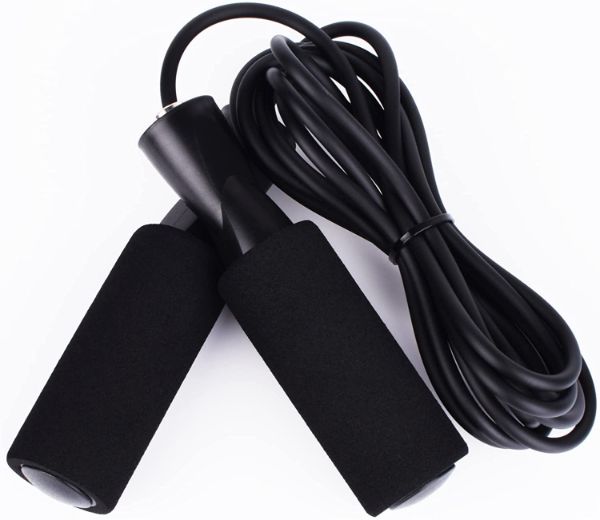 Close-up of the folded up black XYLSports Jump Rope with cushioned handles and durable yet lightweight cables.