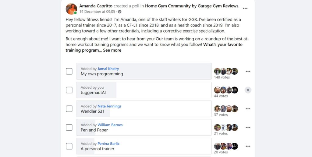 a poll posted in the Home Gym Community Facebook group asking members what online training plan they follow.