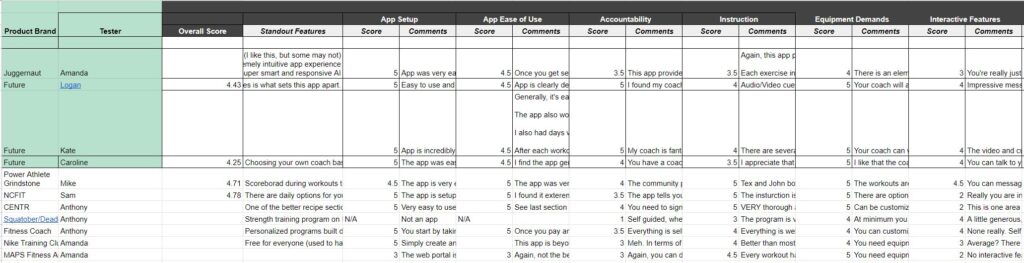 Screenshot of our testing sheet for rating the best online workout programs