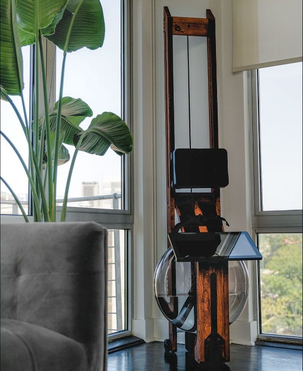 Ergatta rower standing upright against the wall in a living room.