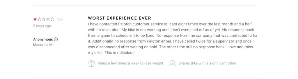 A screenshot of a negative Peloton Bike review