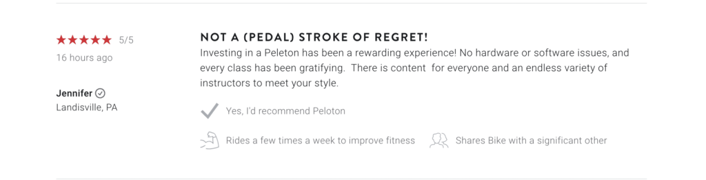 A screenshot of a positive Peloton Bike review