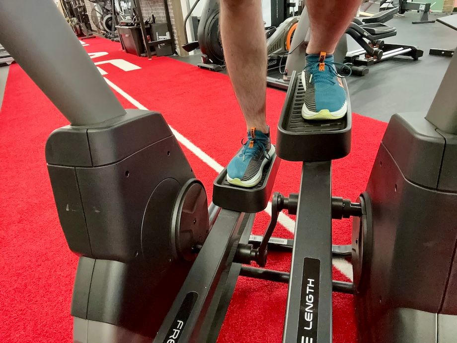 Side view of feet on the pedals of a NordicTrack FreeStride FS10i