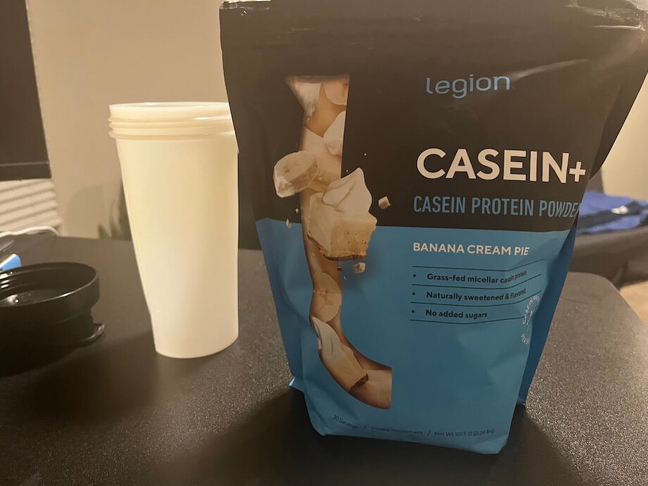 Picture of pack of Legion Casein 1 and shaker bottle