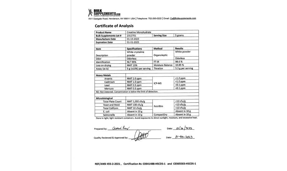Bulk Supplements Creatine Certificate Of Analysis