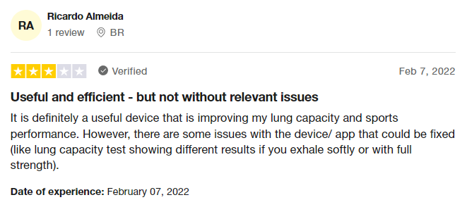 Screenshot of a 3-star review for the Airofit Pro 2.0 breathing trainer, noting the usefulness of this device in improving lung capacity and sports performance, however providing critical feedback in terms of lung capacity test accuracy based on strength of exhale.