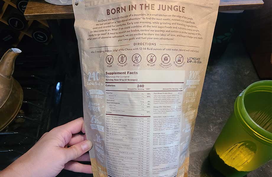 Nutrition label on the back of a KaChava bag