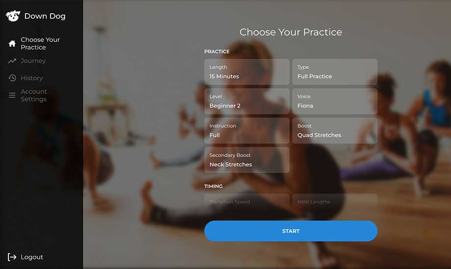 Down Dog Yoga App Home Screen