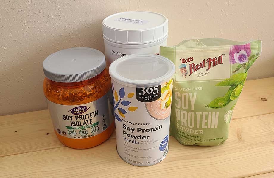 A group of different kinds of soy protein powder containers