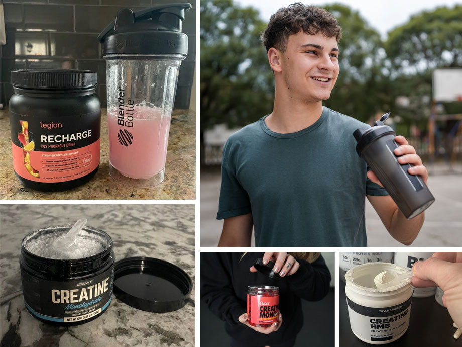 a collage of creatine products and teen boy with shaker cup