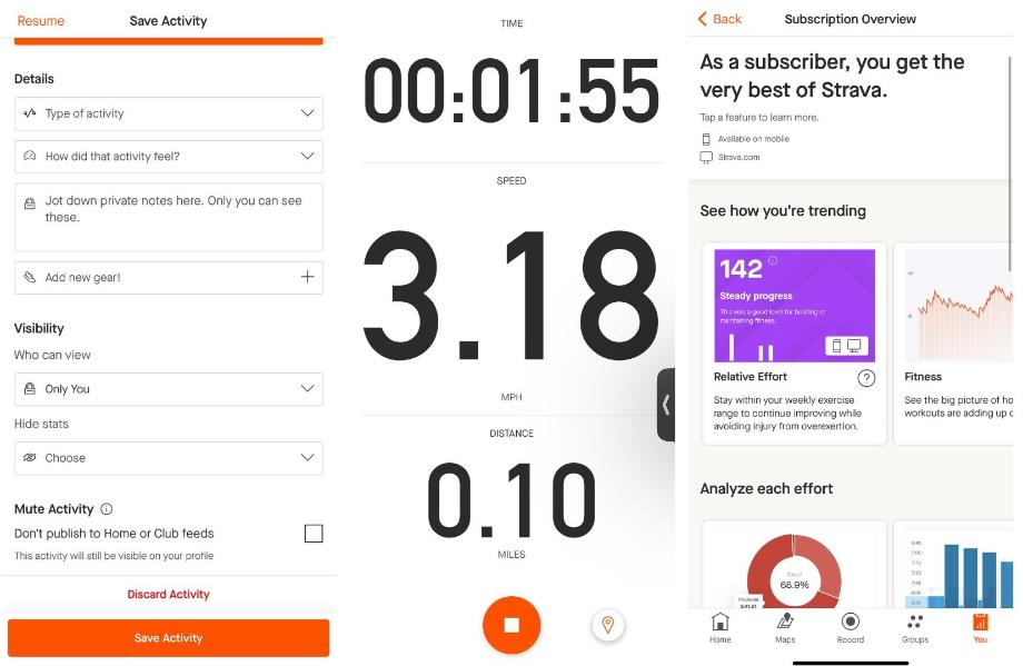 Three screenshots are shown of the Strava Fitness App.