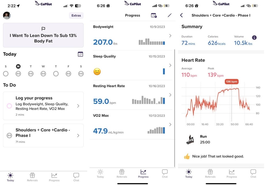 Screenshots of the CoPilot Fitness dashboard.