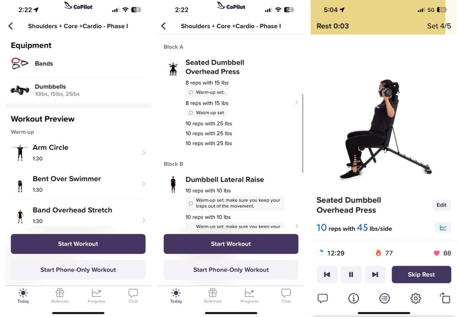 Screenshots of workouts on the CoPilot Fitness App.