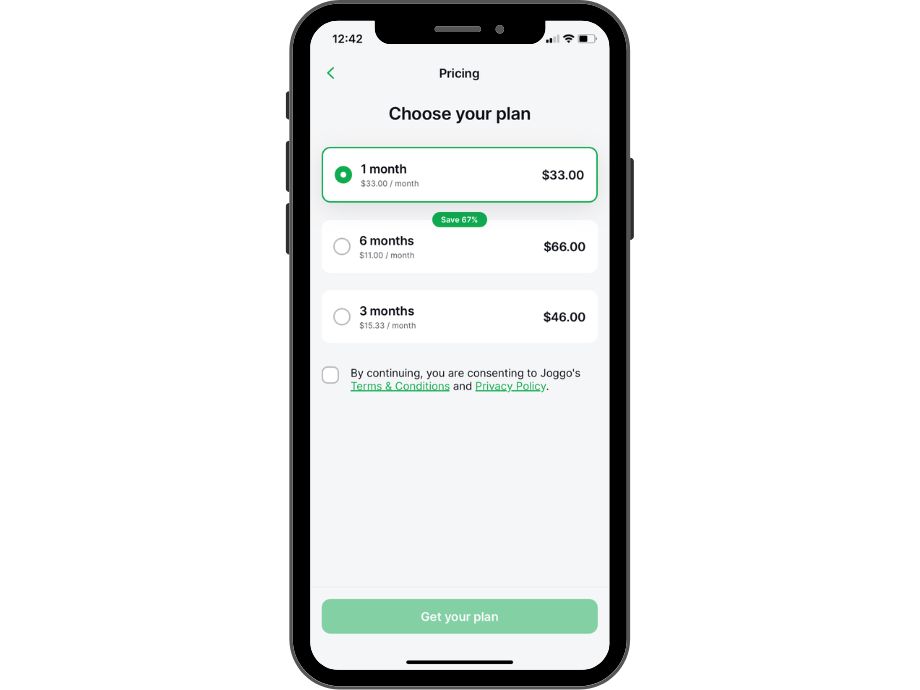 A Screenshot of the Joggo App payment plans.