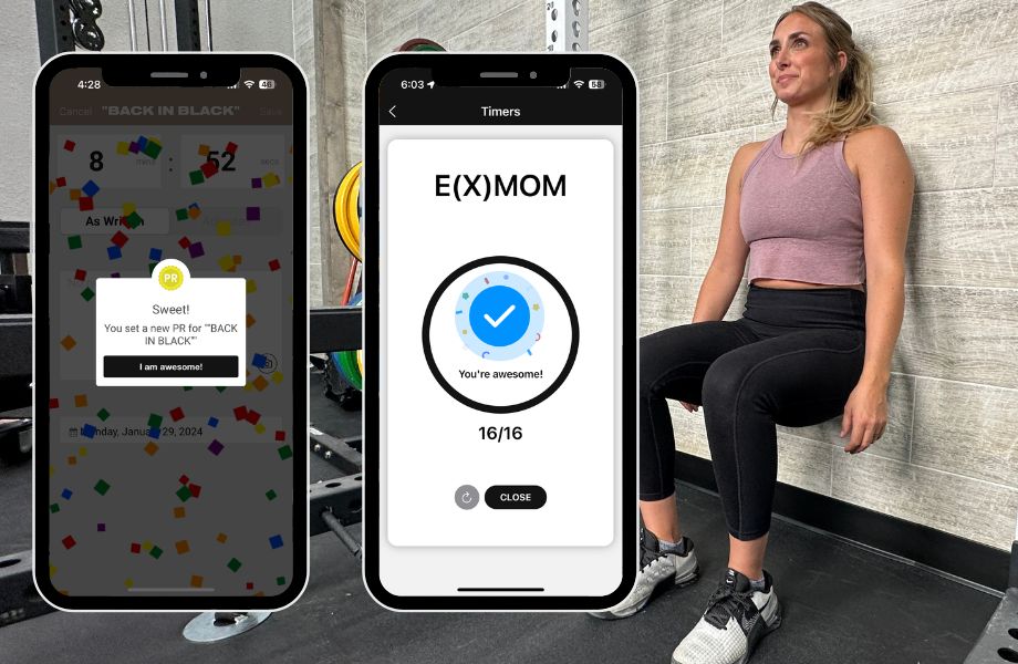 woman doing wall sits as part of train hard programming. On the screen, you can see an EMOM timer and a status update viewable on the Train Hard app