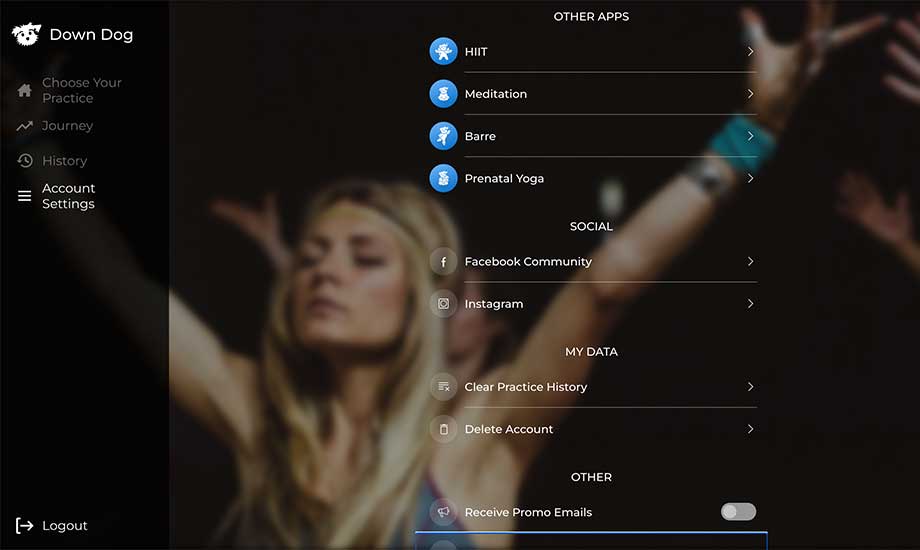 Account settings within Down Dog Yoga app