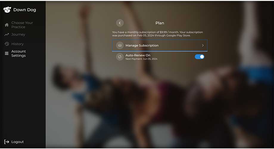 Screenshot of pricing for the Down Dog Yoga App.
