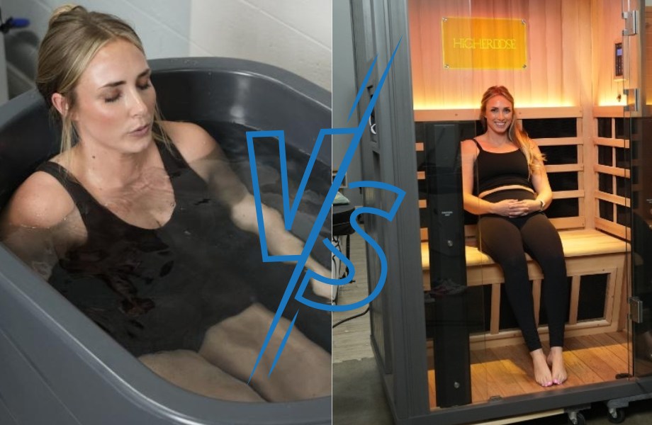 Woman sitting in cold plunge and woman sitting in sauna