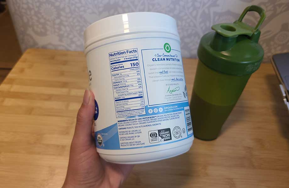 Nutrition Facts label on a container of Orgain Simple Plant Protein.