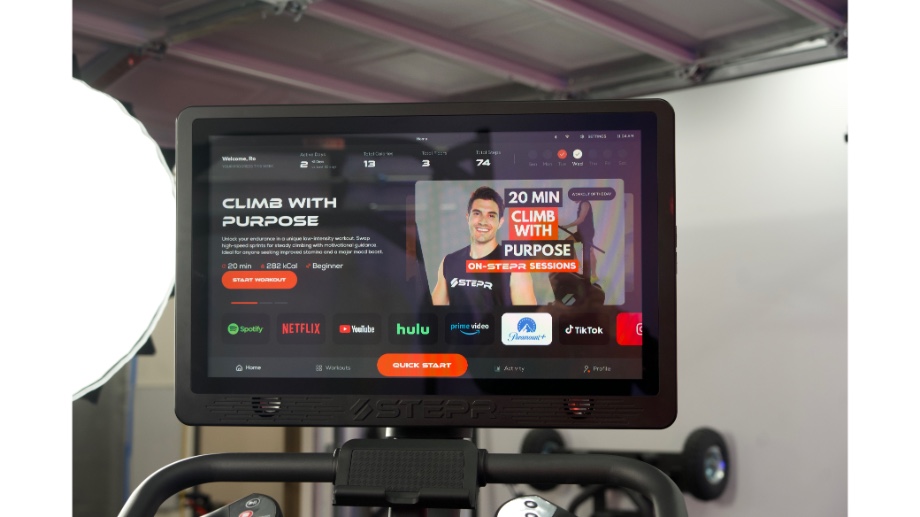 Climb with a Purpose homescreen on the STEPR display.