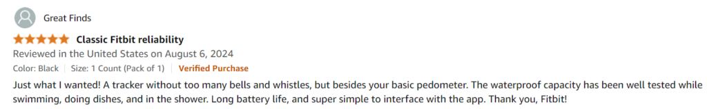 Screenshot of a positive 5-star Amazon review for the Fitbit Inspire 2, noting that the fitness tracker does not have too many bells and whistles, the waterproof capacity is accurate, the battery life is long, and it is simple to connect the device to the Fitbit app.
