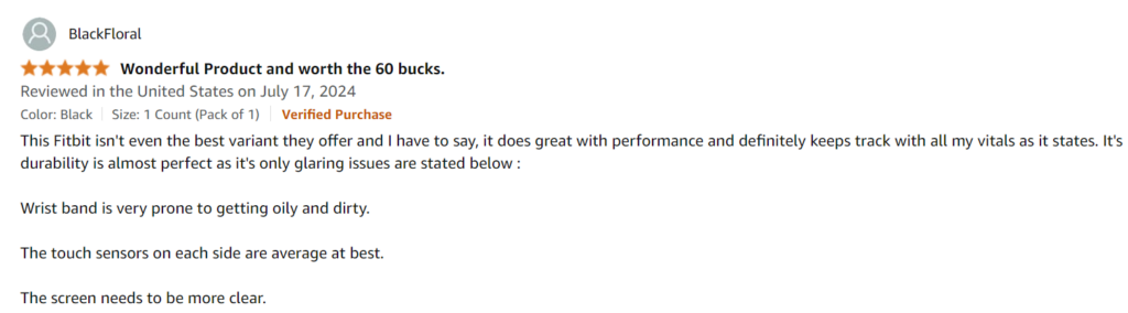 Screenshot of a positive 5-star Amazon review for the Fitbit Inspire 2, noting the fitness tracker's great performance, accurate tracking of vitals and durability, in addition to critical mentions of screen clarity, band upkeep, and mediocre touch sensors.