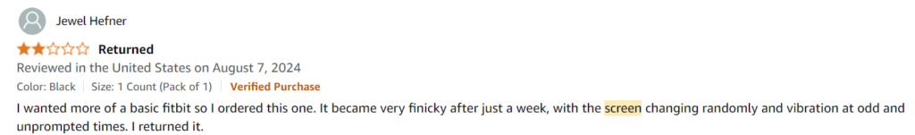 Screenshot of a critical 2-star Amazon review for the Fitbit Inspire 2, emphasizing the screen changing randomly, vibrations at odd and unprompted times, and overall finicky performance.