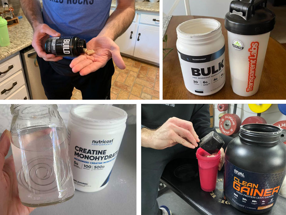a collage of supplements for muscle growth, nutricost creatine, rival nutrition clean gainer, transparent labs bulk