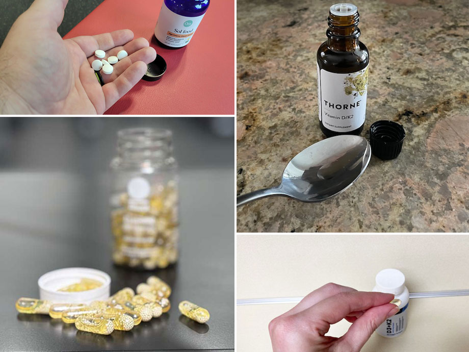 collage of vitamin d supplements including ritual multivitamin, transparent labs vitamin d, and ora organic sol food