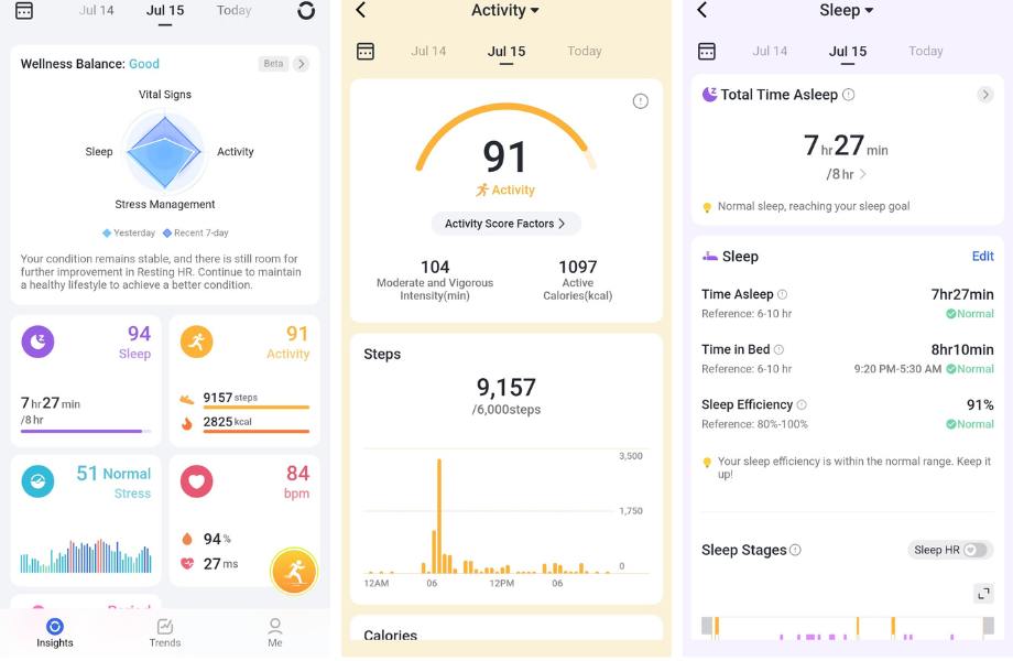 Screenshots from the RingConn app