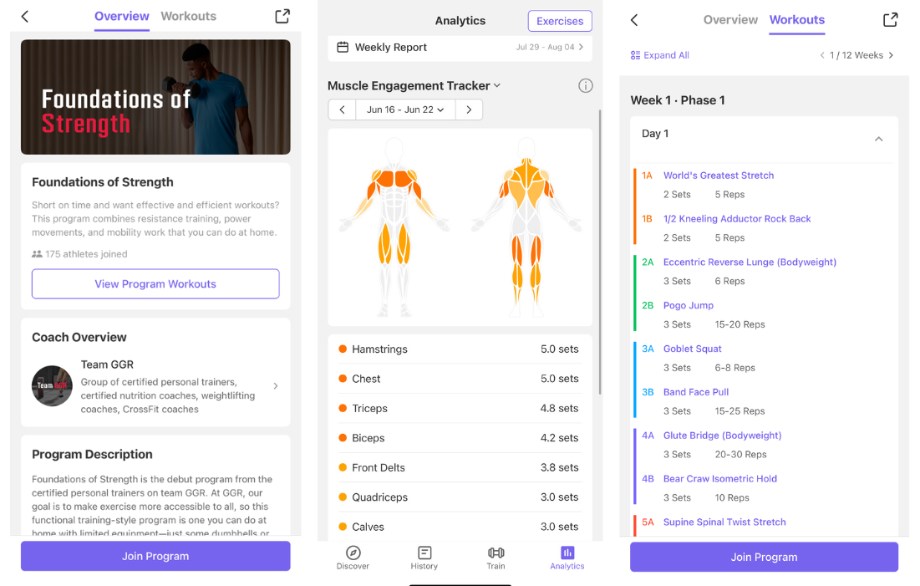 Screenshots of the Home Gym Training Club App