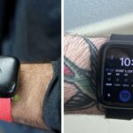 A side-by-side image of whoop vs apple watch on peoples' wrists