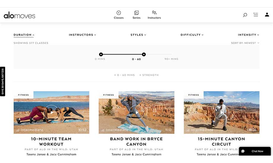 A screenshot of filtering by duration in the Alo Moves app.