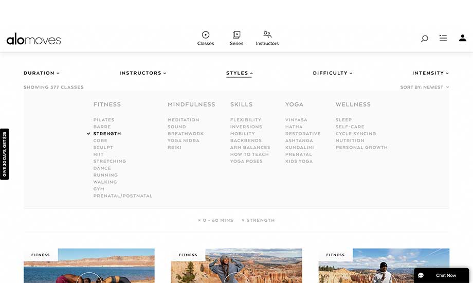 A screenshot of filtering by style in the Alo Moves app.
