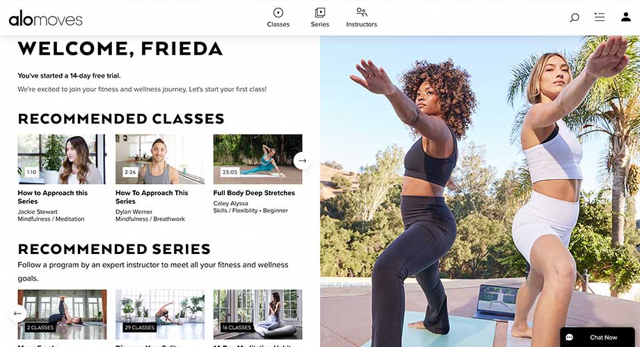 A screenshot of the home screen in the Alo Moves app