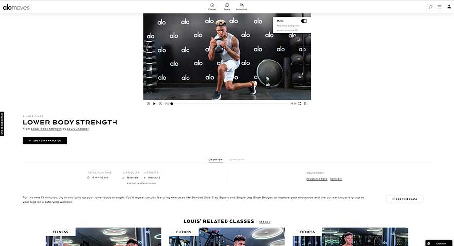 A screenshot of a workouts page in the Alo Moves app.